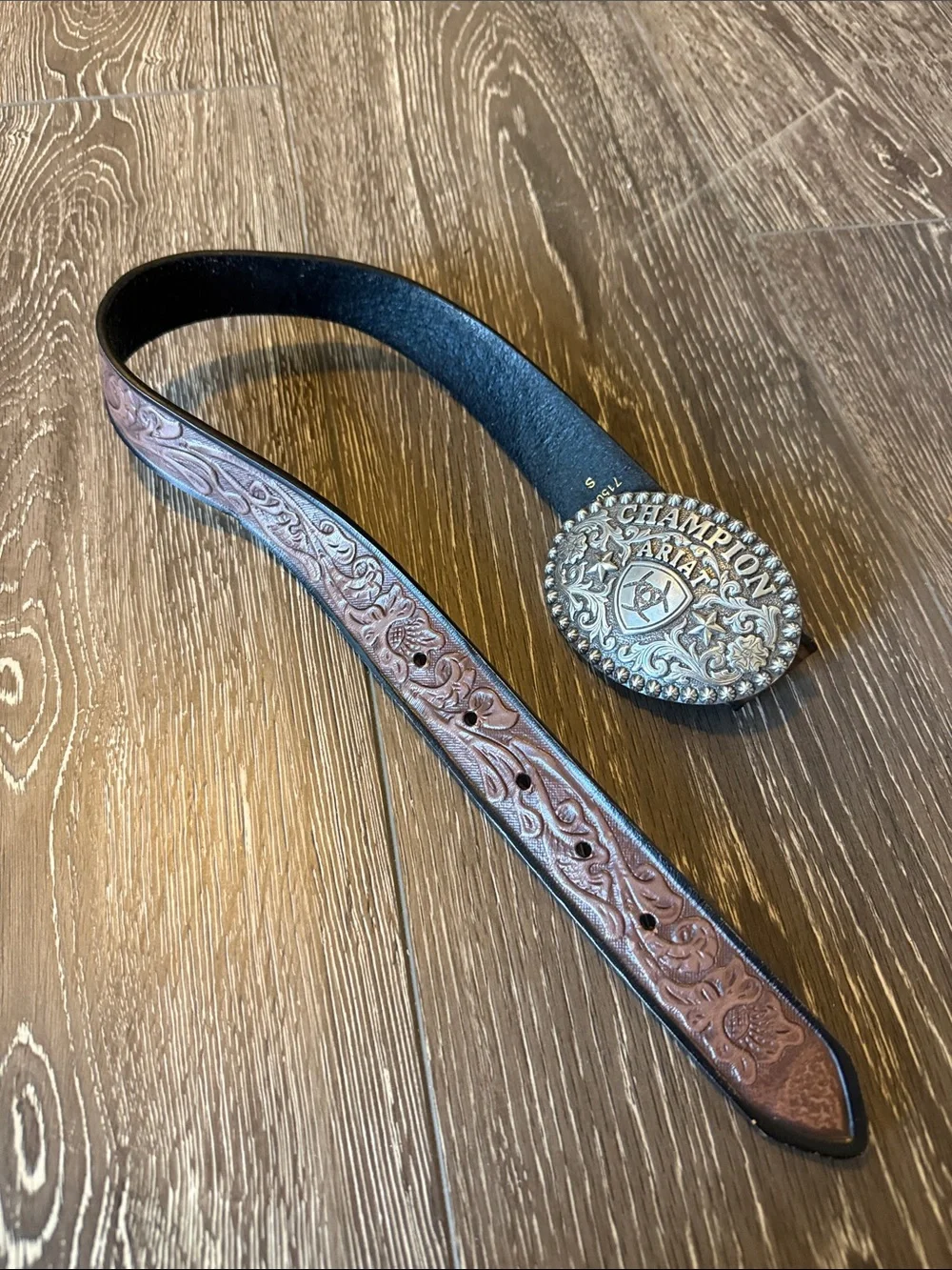 Ariat Brown Tooled Leather Belt with Silver Champion Rodeo Buckle